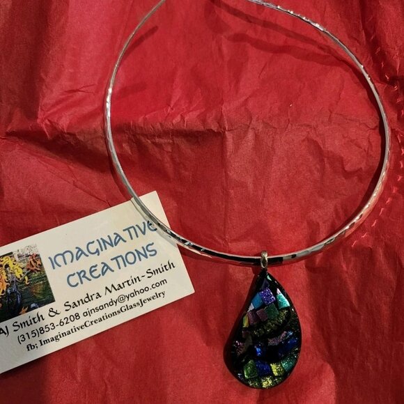 Dichroic Fused Glass Teardrop Pendant Silver Necklace Choker One Of a Kind - Picture 1 of 2
